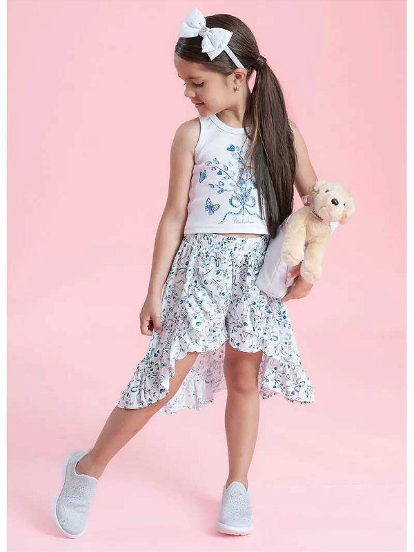 Saia Infantil Algodão Flores Azuis Pituchinhus