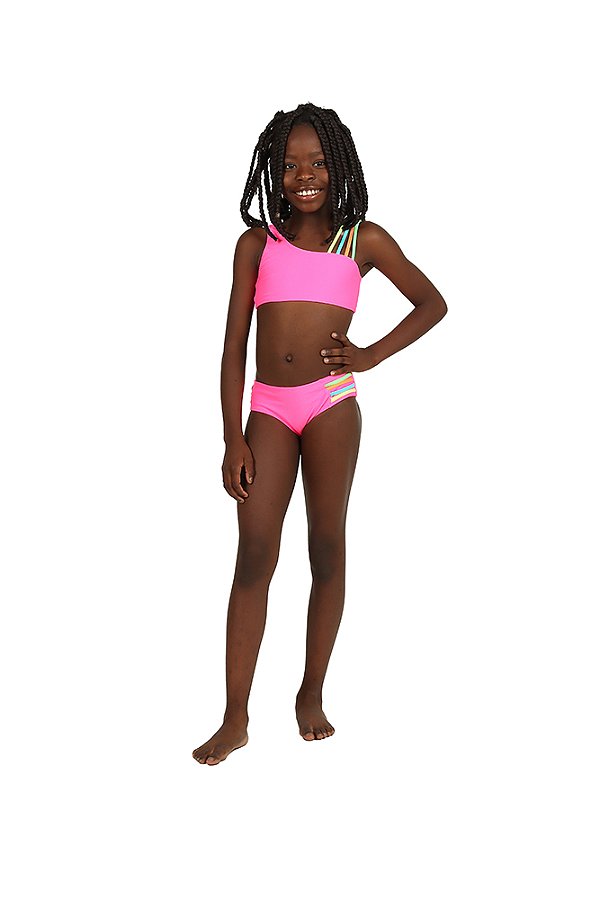 Biquini Infantil Rosa Neon Alças Coloridas Siri