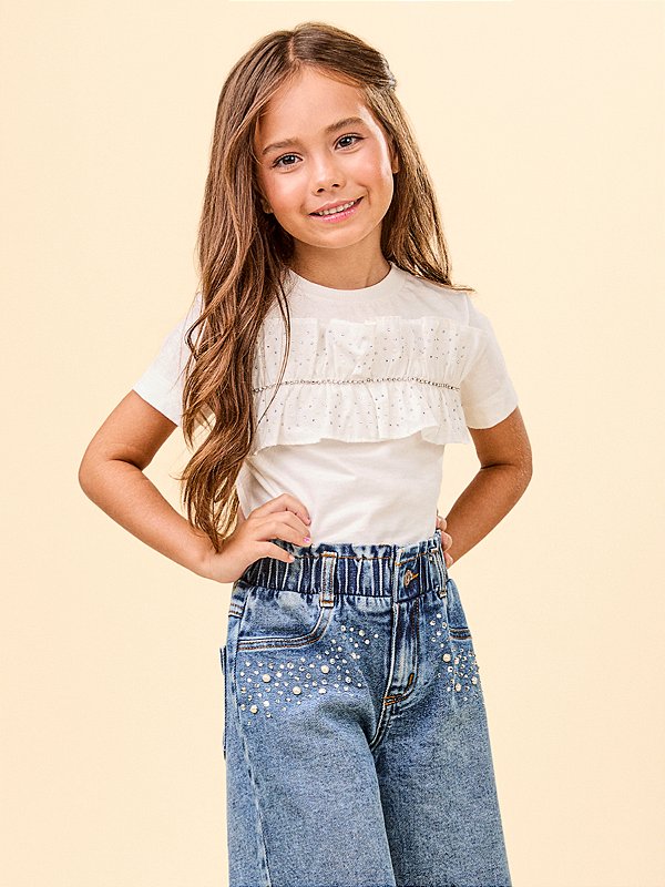 Blusa Infantil Com Babado Strass Perola Anime