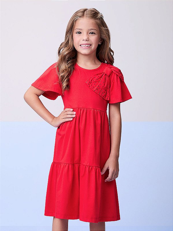 Vestido Infantil Laco Strass Vermelho Preppy