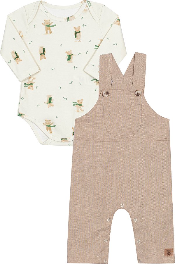 Conjunto Jardineira Bebe Bege