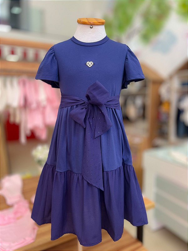 Vestido Infantil Laco Com Strass Azul Momi