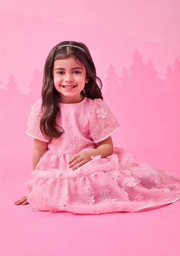 Vestido Infantil Tule Bordado De Flores Rosa