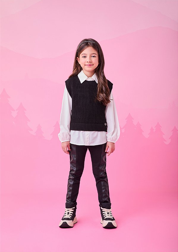 Legging Infantil Montaria Recorte Couro Preto