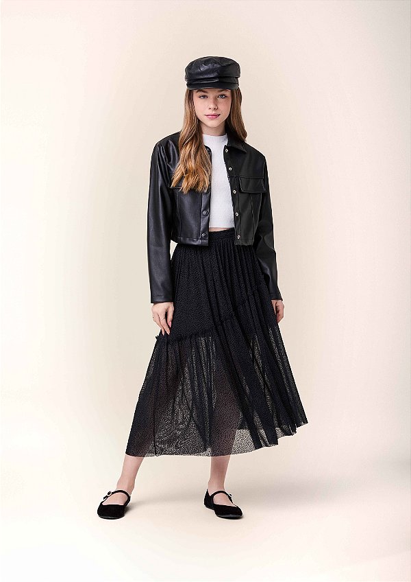 Saia Midi De Tule Flocado Preto I Am