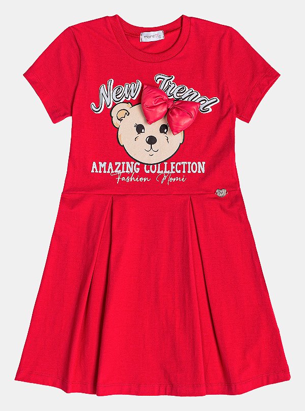 Vestido Infantil Urso Com Laco Vermelho Momi