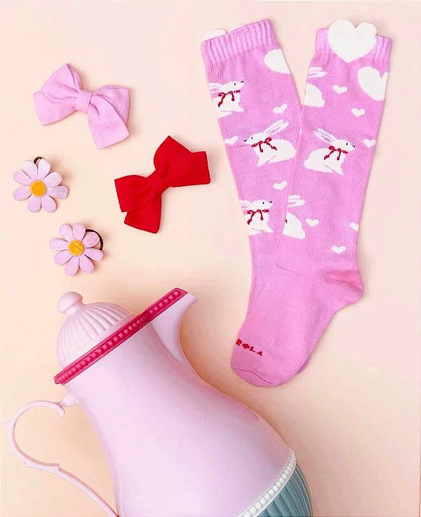 Meia Infantil 3/4 Coelho Rosa Coracao Cantarola