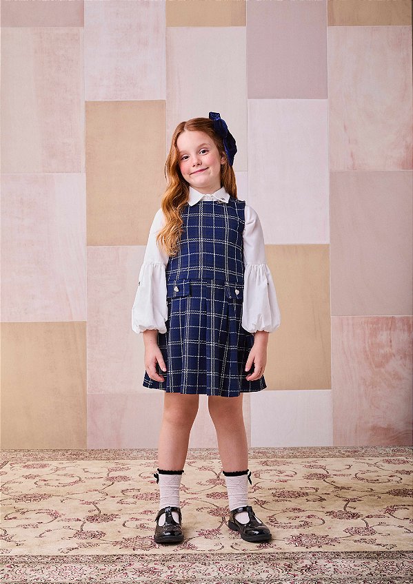Vestido Jacquard Infantil Xadrez Marinho/prto/off