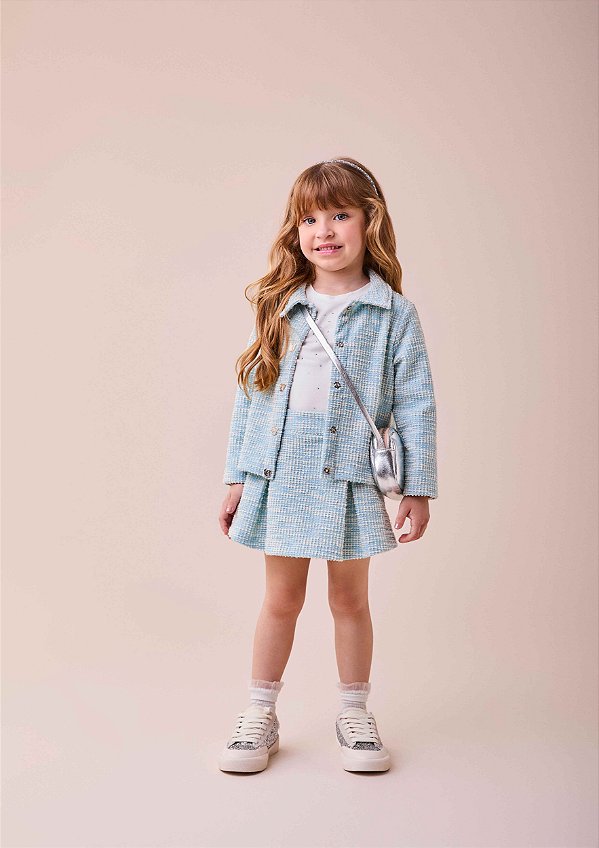 Casaco Infantil De Tweed Com Brilho Azul Momi