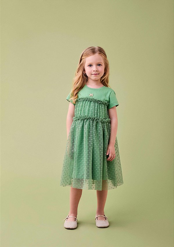 Vestido Infantil De Tule Poa Verde Alecrim Momi