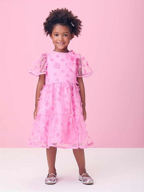 Vestido Infantil Bordado De Flor Rosa Momi