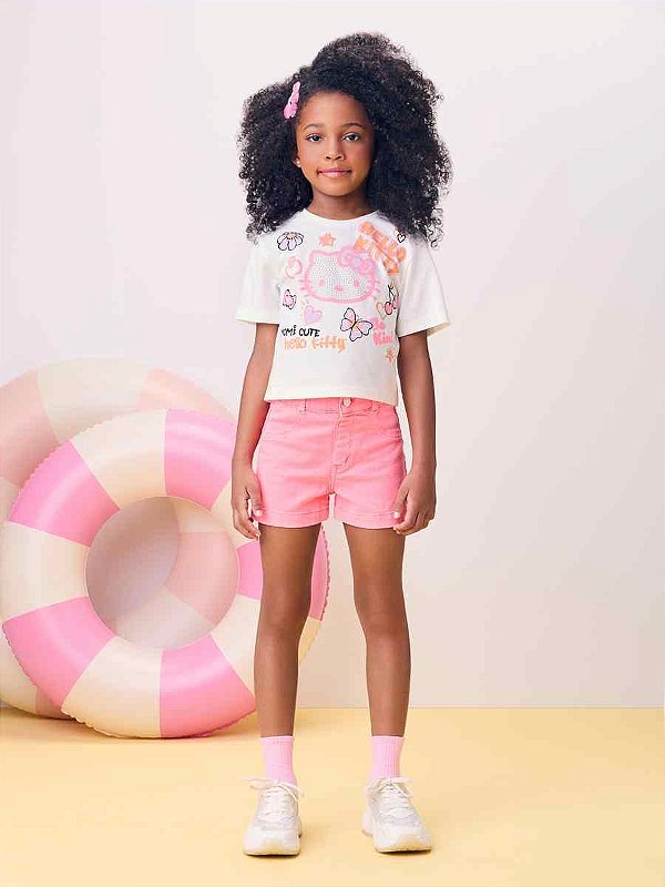 Shorts Infantil De Sarja Rosa Neon Momi