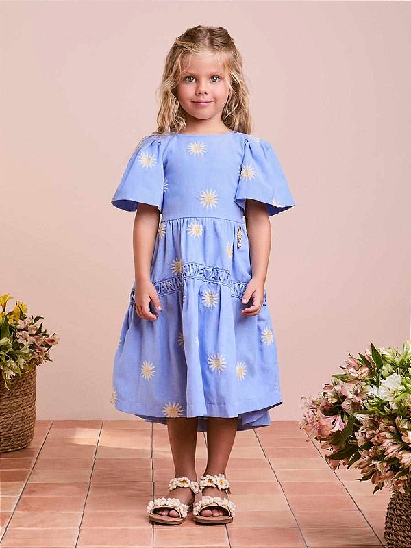 Vestido Infantil Flores Bordada Azul Anime