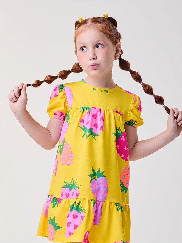 Vestido Infantil Manga Balone Morangos Bimbi