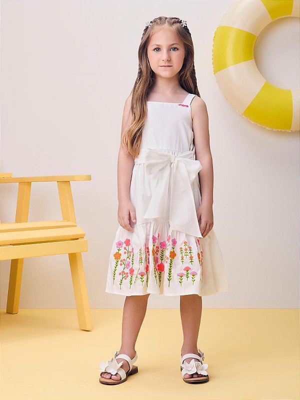 Vestido Branco Infantil Bordado Flores Momi