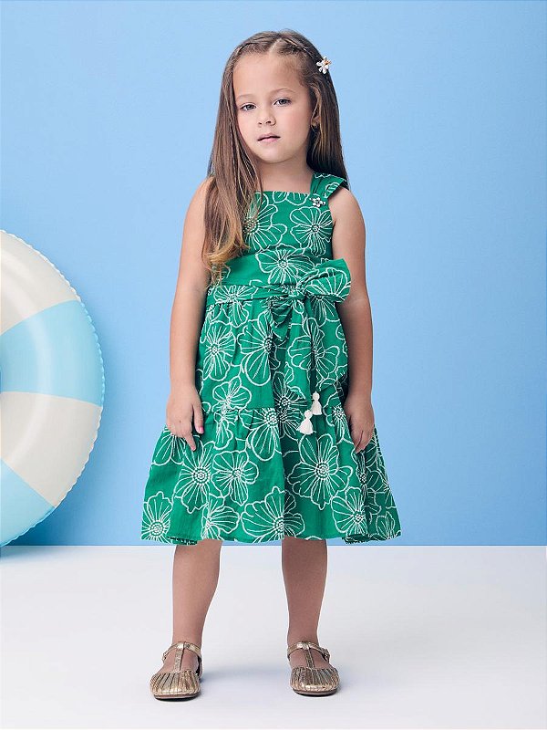 Vestido Infantil De Laise Flor Bordada Verde Momi