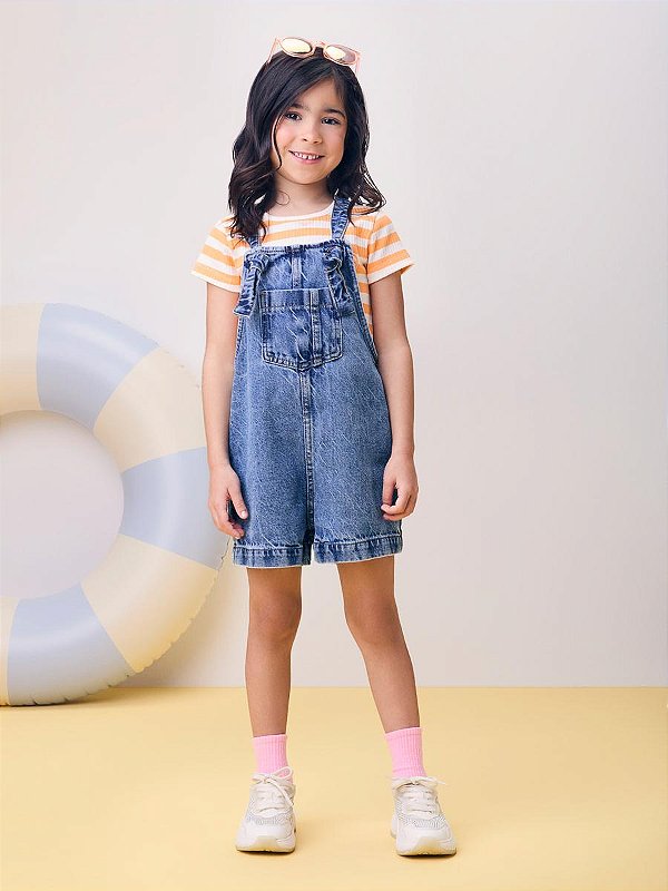 Jardineira Infantil  Jeans Com Bolso Momi