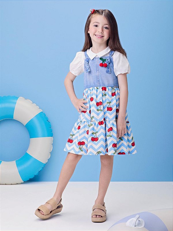 Salopete Jeans Infantil Cerejinhas Momi