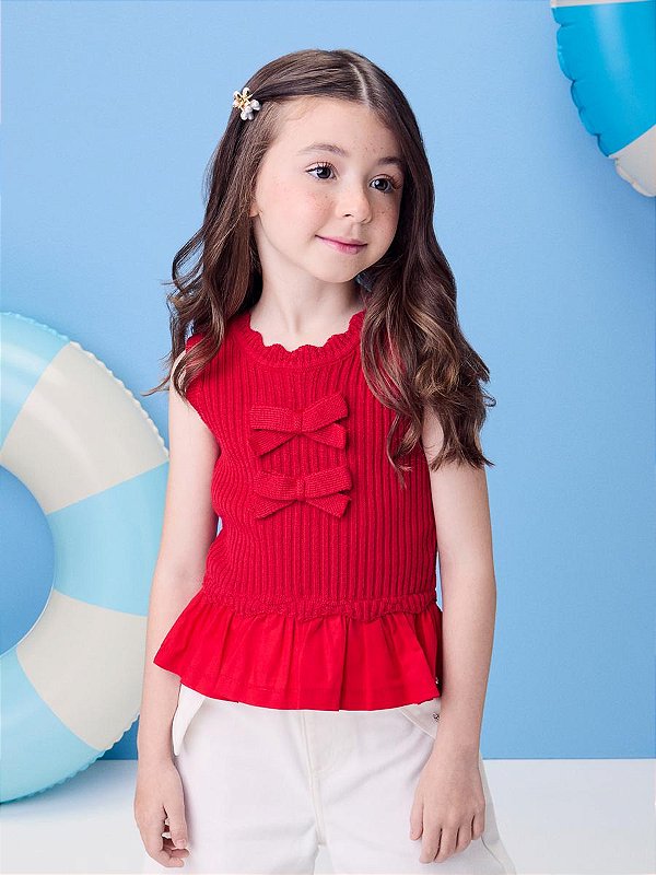Blusa Infantil Tricot Com Laços Vermelho Momi