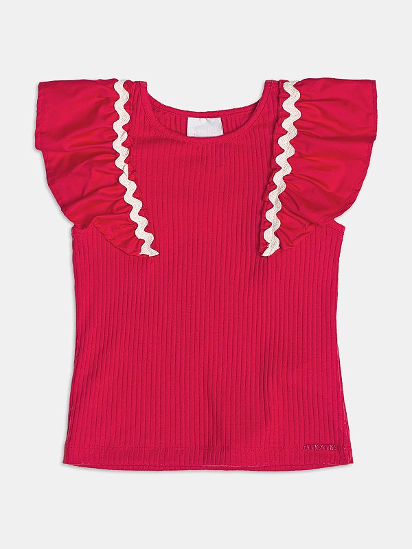 Blusa Canelada Infantil Babado Vermelho Momi