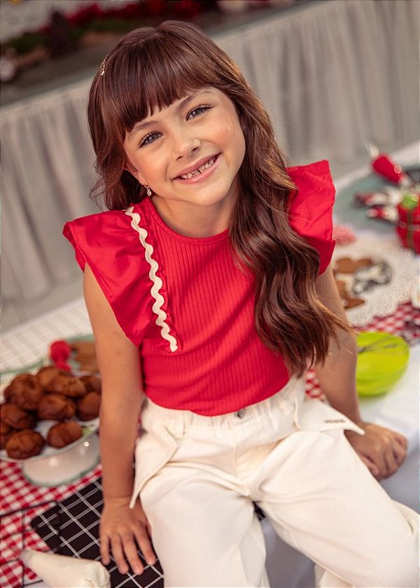Blusa Canelada Infantil Babado Vermelho Momi
