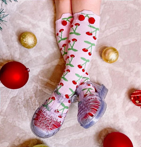 Meia 3/4 Cereja Com Pompom Cantarola