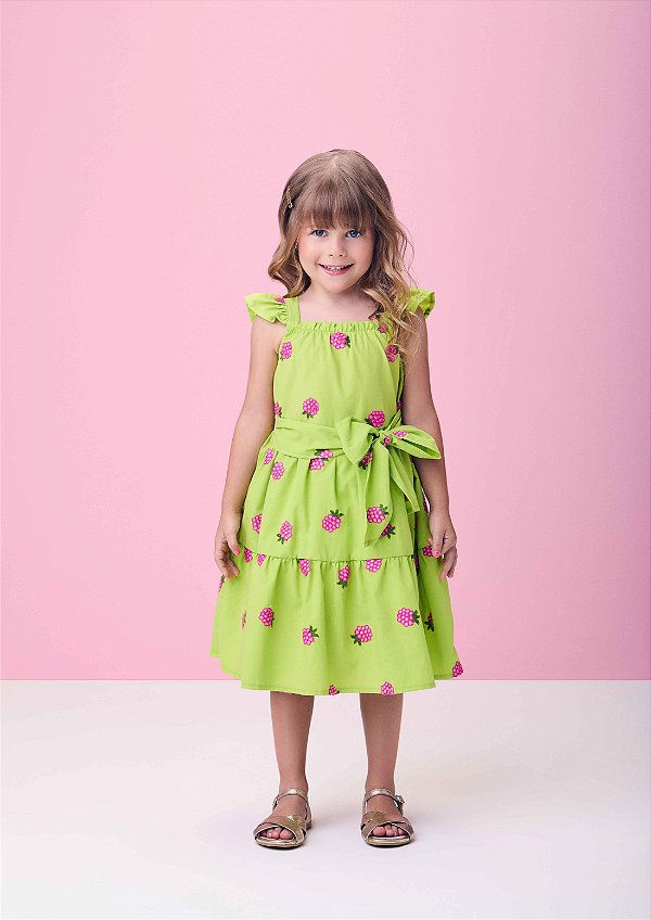 Vestido Infantil Bordado Amoras Verde Momi