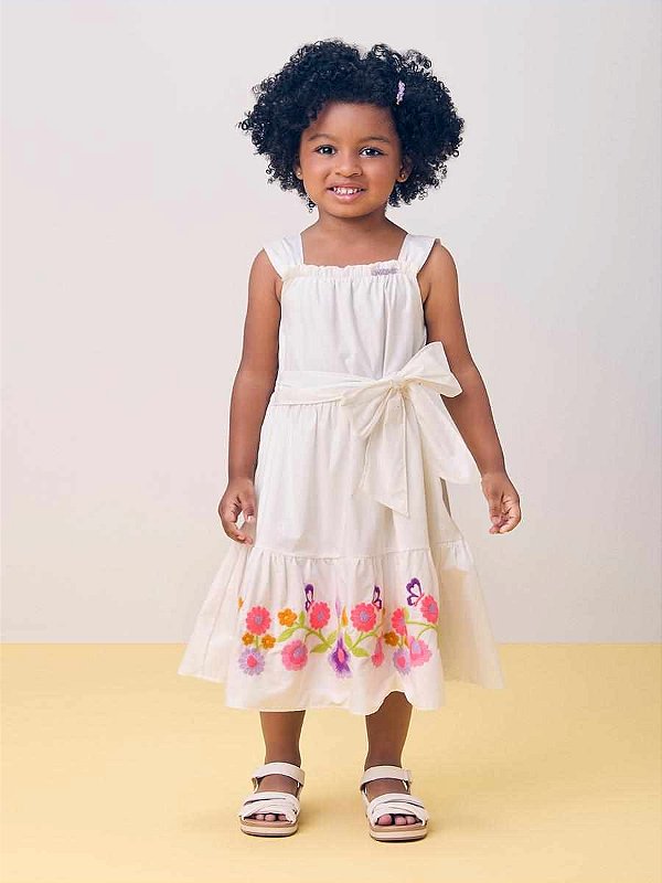 Vestido Infantil Bordado Flores Off White Momi