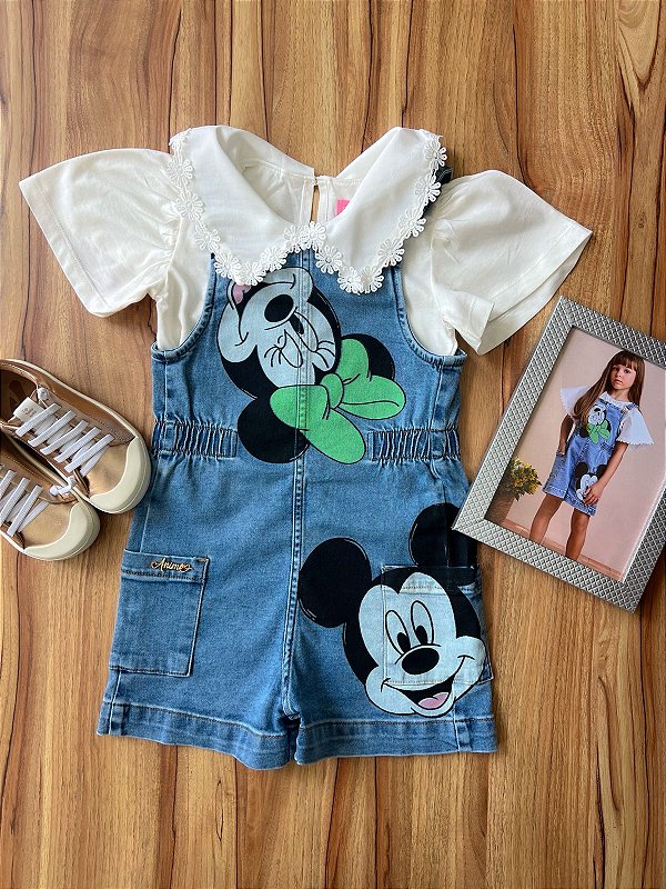 Jardineira Jeans Disney Mickey Minnie Anime