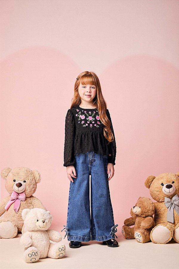 Blusa Infantil Bordado Flores Preto Momi