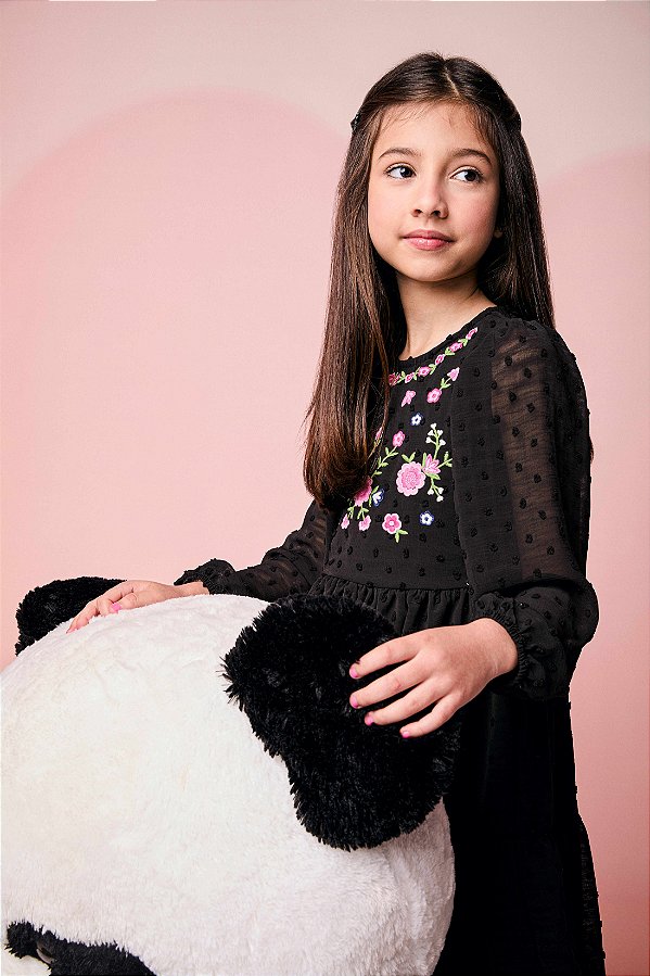 Vestido Infantil Bordado Flores Preto Momi