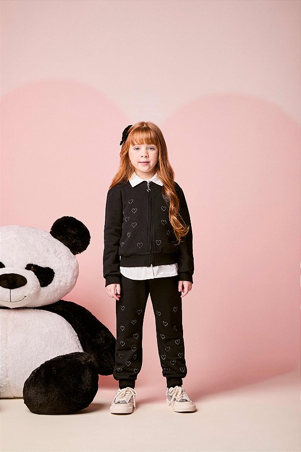 Conjunto De Moletom Infantil Preto Corações Momi