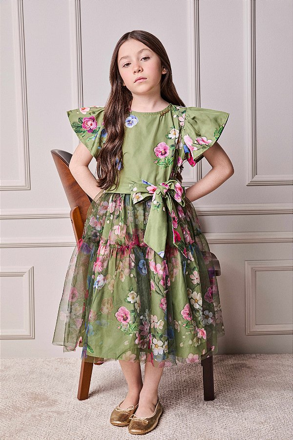 Vestido Infantil Floral Tule Bordado Anime