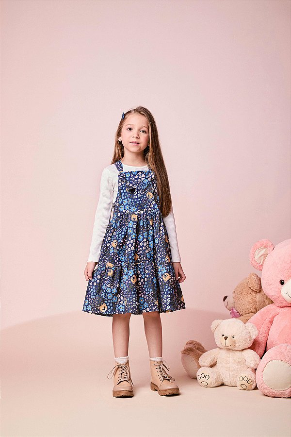 Salopete Veludo Azul Ursinho Liberty Momi