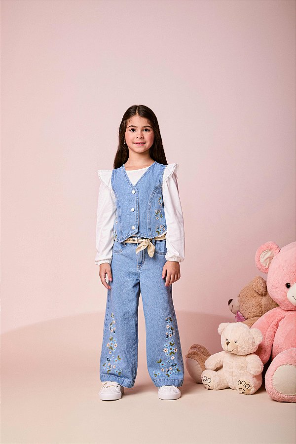 Calça Jeans Bordado Flores Momi