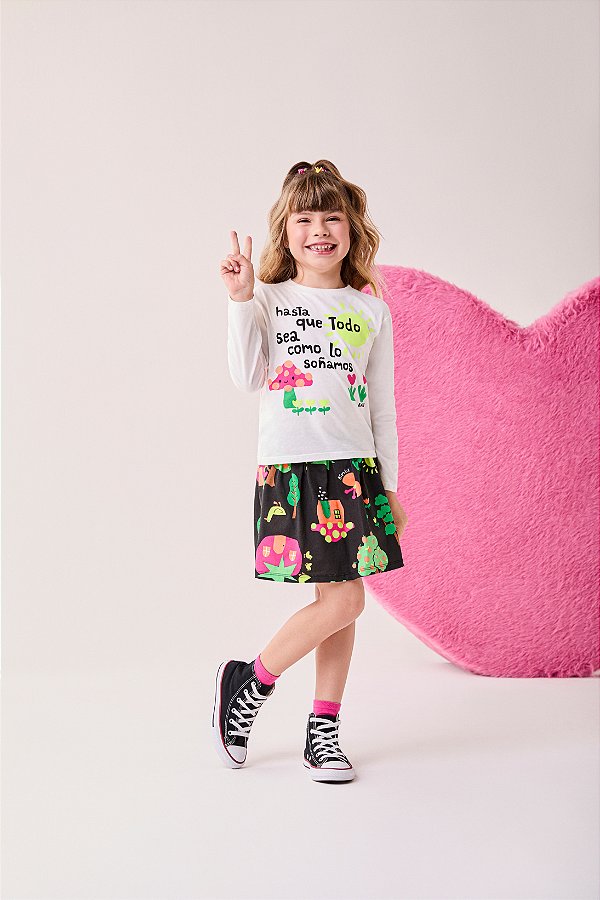 Conjunto Infantil Saia Preta Estampada Bimbi