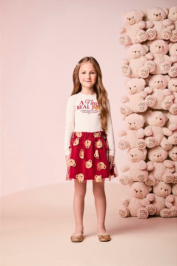Conjunto Infantil Com Saia Tule Ursinha Bordô Momi