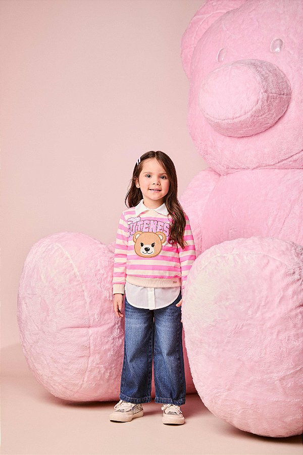 Blusa Infantil Listras Urso Rosa Neon Momi