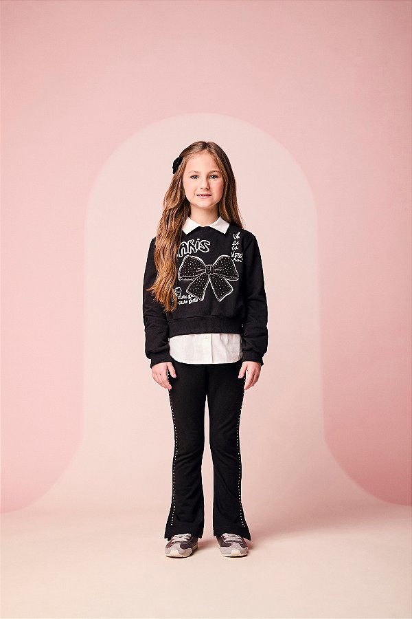 Calca Flare Infantil Com Strass Preto Momi