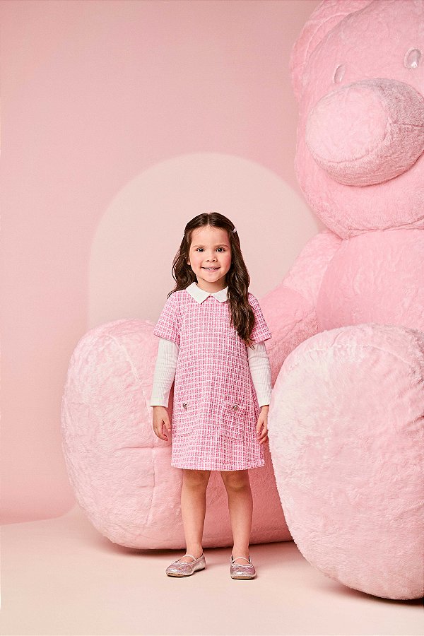 Vestido Infantil Tweed Com Gola Rosa/off Momi
