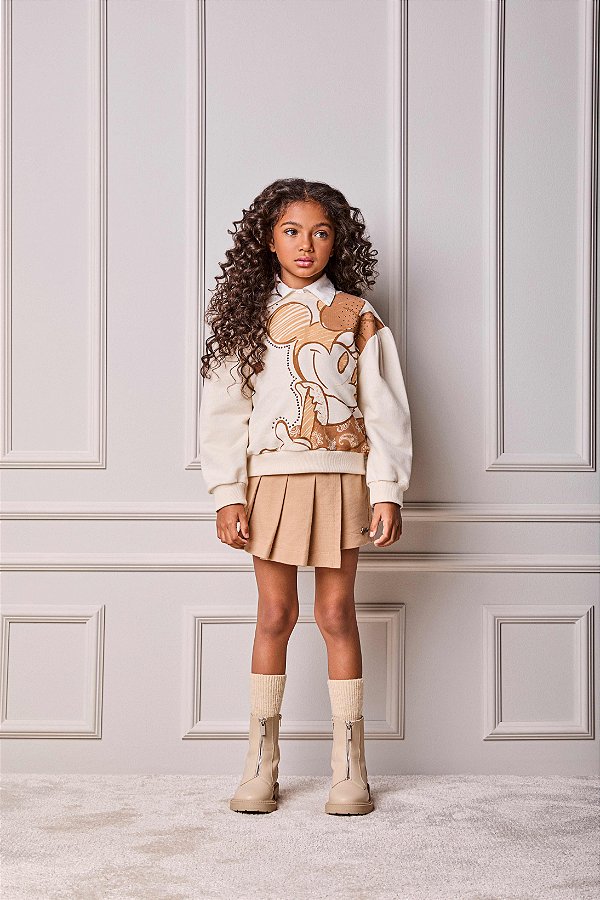 Shorts Saia Infantil Pregas Bege Khaki Anime
