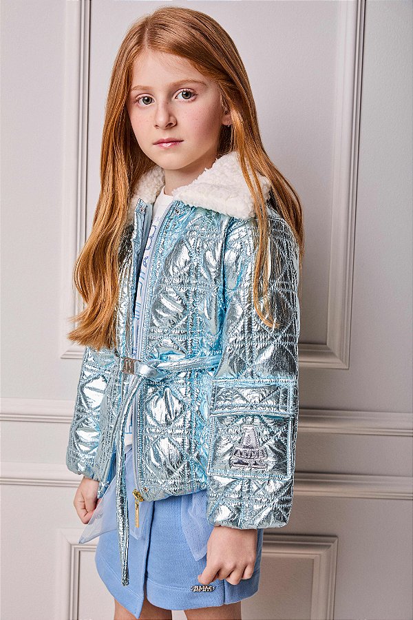 Jaqueta Puffer Metalizada Infantil Azul Anime