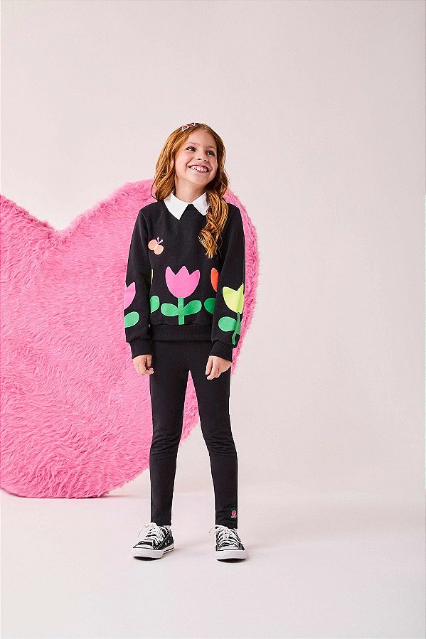 Conjunto Infantil De Moletom Preto Tulipas Bimbi