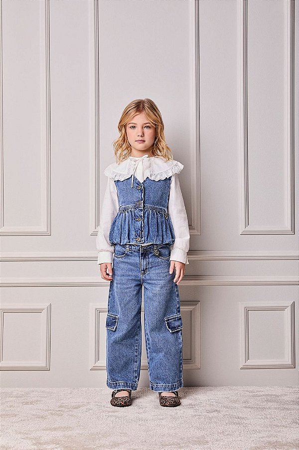 Calca Jeans Infantil Wide Utilitária Animê