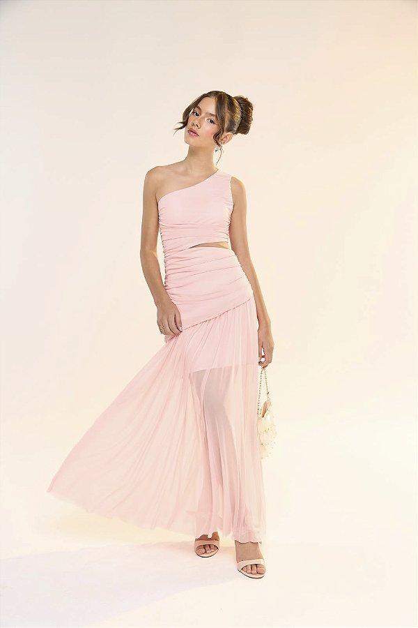 Vestido Longo Tule Rosa Bobbyluu