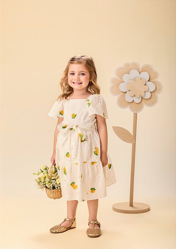 Vestido De Laise Bordado Limões Branco