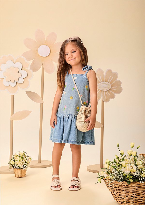Vestido Infantil Jeans Bordado Momi
