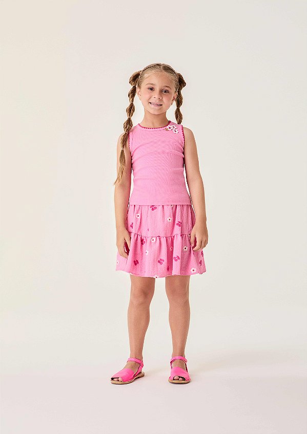 Conjunto Infantil Rosa Com Saia florzinhas Bimbi