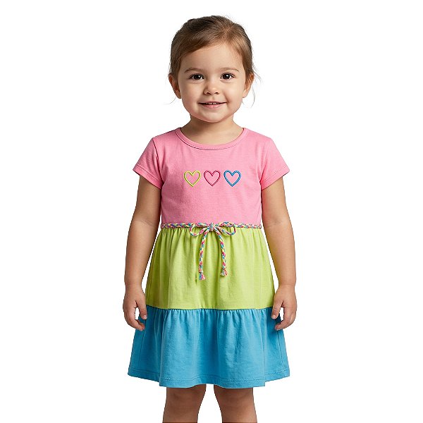 Vestido Infantil Tricolor Corações Jaca Lele