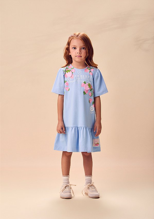 Vestido Infantil Patch Morango Azul Anime
